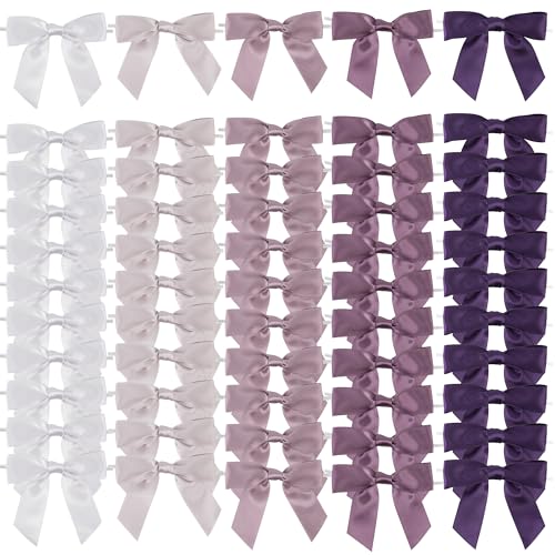 AIMUDI 5 Colors Lilac Twist Tie Bows, 3.5" Premade Purple Satin Ribbon Bows for Gift Wrapping, Wedding Decor, Bridal Shower, Baby Shower, Party Favors - 50 Counts