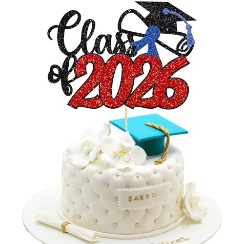 Gyufise 1 Pack Red Class of 2026 Cake Topper Glitter Congrats Grad Cap Cake Pick 2026 Graduation Theme Party Cake Decorations