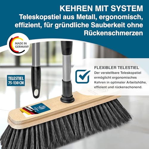 Peggy Perfect Besen mit Teleskopstiel 75–130 cm – zertifiziertes Buchenholz – robuste Kunstborsten für Glatte Böden – ergonomisch & rückenschonend – hochwertig & nachhaltig – Made in Germany