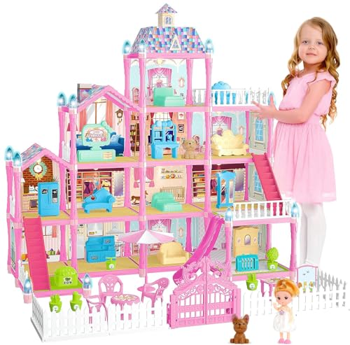 Doll House Pretend Toys for Girls 4 Floors - 13 Rooms Villa 285 Accessories Includes Dog and Furnitures Playhouse DIY Building Kids Gift for 3 + Year Old