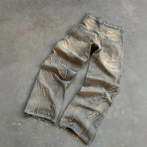 Men's Loose Casual Pants American y2k Retro Harajuku Style bat Pattern Embroidered Jeans Fashionable Streetwear3