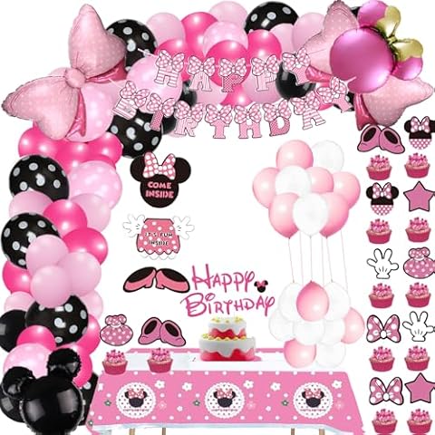Minnie Party Decoration, Minnie Birthday Party Supplies With Balloon Garland Arch, Pink Mouse Birthday Decoration Party Supplies for Girl Birthday Party Cover