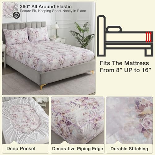 Image of Purple Floral Queen Sheet Set 100% Cotton, Butterfly Patterned Vintage Percale Bed Sheets, Shabby Chic Luxury Toile Bedding, Deep Pocket Crisp Soft Farmhouse Flower Fitted Sheet 4Pcs