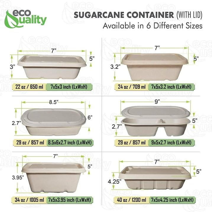 EcoQuality 34oz Disposable Bowls with Fiber Lids - Rectangular Compostable Sugarcane Fiber Biodegradable Paper Bowls Eco-Friendly Take Out Food Storage Containers, Microwave Safe, Meal Prep (50 PACK)