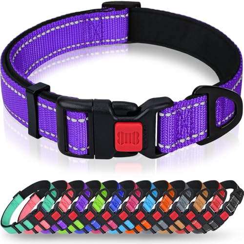 Taglory Reflective Dog Collar for Puppies with Escape-Proof Locking Buckle, Soft Neoprene Padded and Upgraded Zinc Alloy Ring, Adjustable for Chihuahua Yorkie, Purple,XS