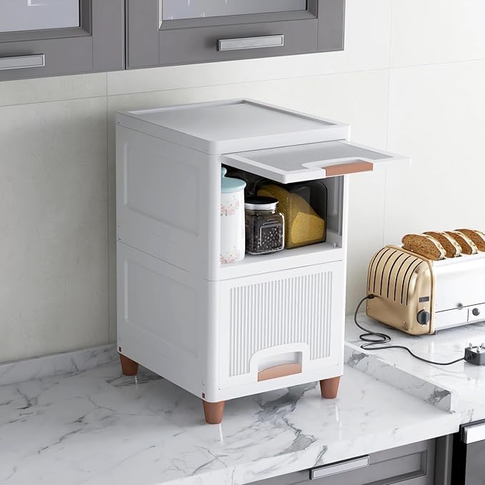 ChicDukaan Plastic Foldable Plastic Storage Cabinet | Stackable Multipurpose Wardrobe for Clothes, Kitchen, Toys and Bedroom | Space-Saving Modular Almirah with Doors & Shelves | (White) (2 Tier)