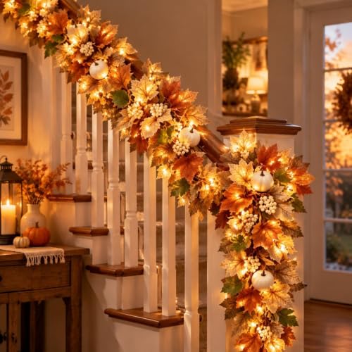 2pcs Harvest Fall Garland With Lights, Thanksgiving Decorations Fall Decor | Artificial Fall Leaves Garland & Pumpkin Decor For Table Wall Door Mantel Fireplace, Farmhouse Porch Decor, Indoor Outdoor — view 5