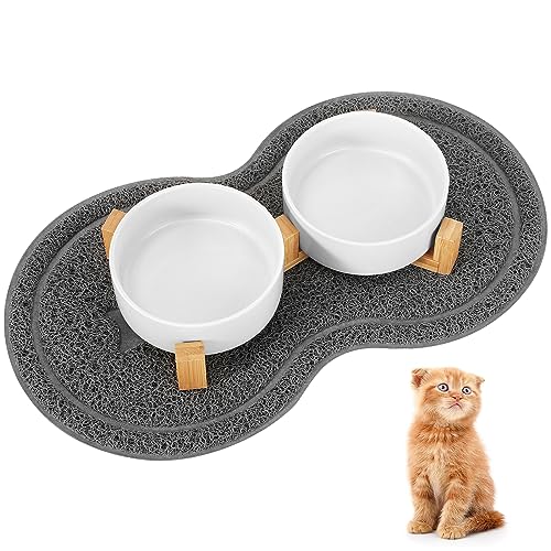 Comedero Gatos Elevado de Cerámica, Revivoer 2 x 400ml Comedero y Bebedero Perro con Soporte de Bambú y Alfombrilla Antideslizante (Negro) (Blanco)