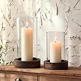 Ronasip Set of 2 Hurricane Candle Holders with Wood Base & Glass Cylinder (4.2x5.9” & 4.6x7.8”) – Rustic Wooden Candle Holders for Home Decor, Weddings, Table Centerpieces (2, Brown)