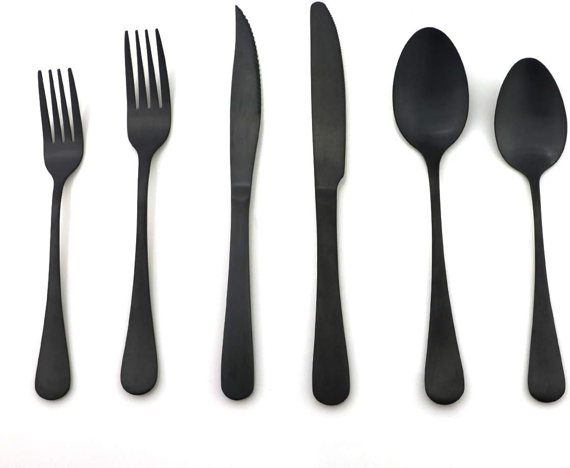 Stainless Steel With Titanium Matte Black Flatware Set,Steak Knife Cutlery Set Knife Fork Salad Fork Dessert Spoon 36-piece, Service for 6 (Luxury Matte Balck)