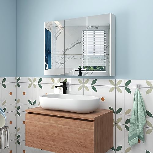 COSTWAY Armario de Baño con Espejo, Armario de Pared de Baño sin Marco con 3 Puertas y Estantes Ajustables, Espejo Armario para Baño con Almacenamiento, Instalación Empotrada o en Superficie