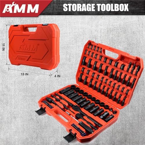 AMM 123Pcs Impact socket set，1/4”3/8”Drive Deep&Shallow Socket wrench set，6 Point Metric&Standard Full 5/32"-3/4"，4-22mm with Spark plug sockets，72T Ratchet handle，Screwdrivers，for Automotive&Home by AMM - Image 7