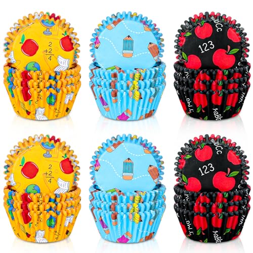 JarThenaAMCS 300Pcs Back To School Cupcake Liners Apples Pencil Baking Cups Classroom Cupcake Wrappers Holders Muffin Liners for Birthday First Day of School Party Decor