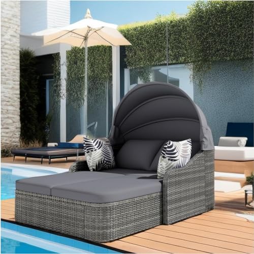 Sonneninsel, Gartenlounge Set, PE-Rattan mit verstellbarem Baldachin, Allwetter-Terrassen-Sonnenliege aus Korbgeflecht, Doppel-Lounge mit 4 Kissen und abnehmbarem Kissenbezug für Garten, Pool, Grau