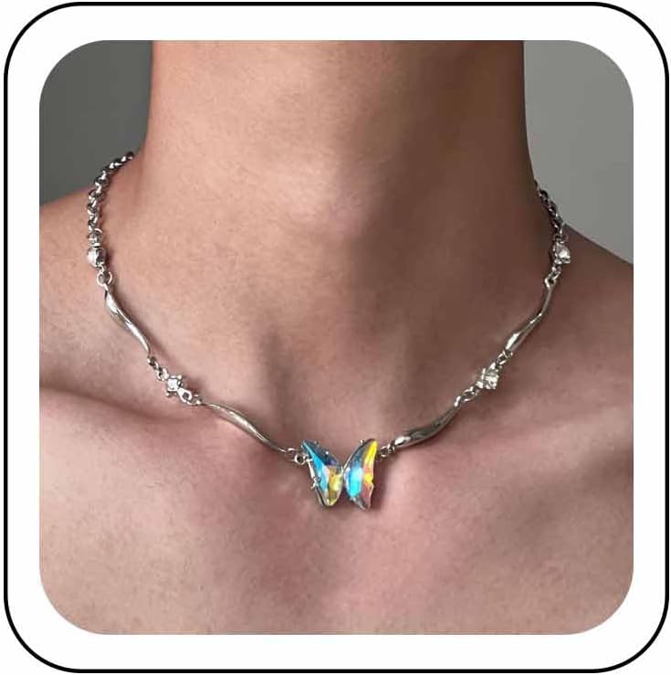 Boho Crystal Butterfly Choker Necklace Cute Birthstone Butterfly Pendant Necklace Silver Rhinestone Link Chain Necklace Dainty Butterfly Insects Collar Necklace Jewelry for Women