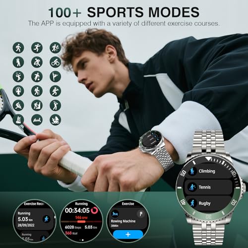 2025 DA GPT Smart Watch for Men, Heart Rate, Blood Pressure, Blood Oxygen, Sleep Monitor, 107 Sports Modes, 1.19-inch AMOLED Display, Waterproof Round Watch, Compatible Android iOS Silver Green - Thumbnail 4