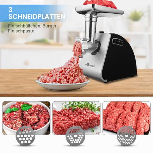 Foto von Nictemaw Fleischwolf Elektrisch Gemüseschneider, 2000W Multi Küchenmaschine Gemüsehobel Wurstmaschine mit 3 Lochscheiben, 4 Kegel-Klingen, Wurstfüller und Gebäck Aufsatz für den Hausgebrauch