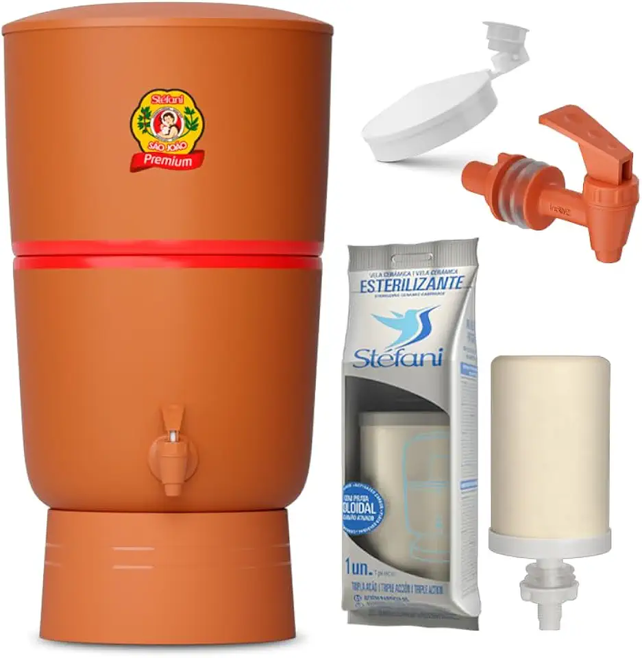 Filtro de Barro São João Premium Stéfani 4 Litros – 1 Vela Tripla Ação Esterilizante + Torneira Clic Marrom + 1 Boia Smart | Água Natural e Purificada
