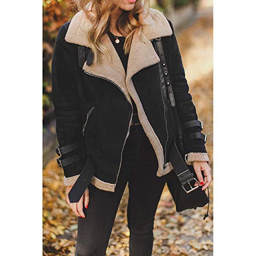 Jofow Womens Suede Jackets Parka Lapel Fleece Collar Belted Flannel Lined Warm Loose Fashion Long Coats Plus Size Xxl (L =Us:4-6,Black) #TOP3
