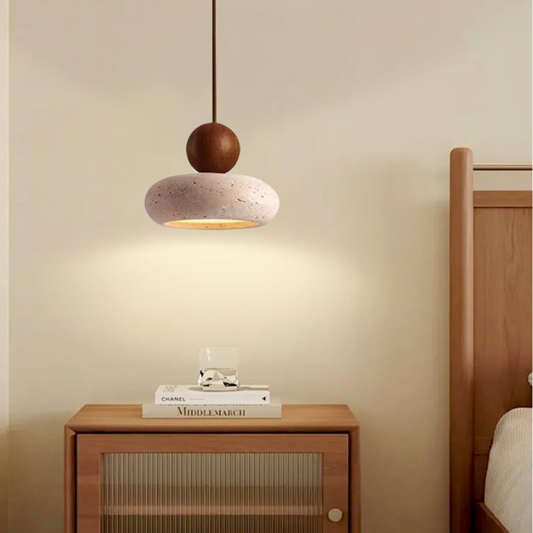 LED Lámpara Colgante De Travertino Amarillo Estilo Wabi-Sabi Bola Redonda Madera Luz Colgante De Piedra Natural Lámpara De Araña Pequeña Para Dormitorio Noche Sala De Estar Comedor Bar Cafetería(B)