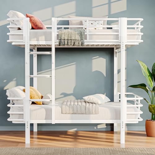 iPormis Metal Bunk Bed Twin Over Twin, Heavy Duty Bunk with High Guardrail and Ladder with Built-in Handrails & Wide Steps, Under-Bed Storage Space, Easy Assembly, Noise Free, White