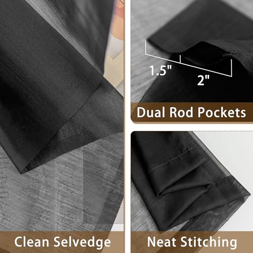 Image of Black Sheer Curtains 54 Inch Length, Privacy Semi Sheer Curtains for Dining Room Kitchen, Light Filtering Rod Pocket Voile Window Drapes 2 Panels Set, Each 42 inch W x 54 inch L