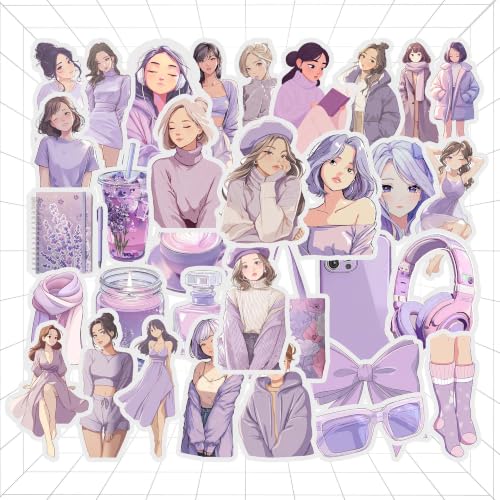 Image of Lavender Purple Aesthetic Kawaii Girl Vinyl Stickers Pack of 33 | Waterproof Lavender & Lilac Cute Fashion Decals for Laptop, Water Bottle, Journal, Scrapbook, Phone Case | Self-Adhesive Sticker Pack