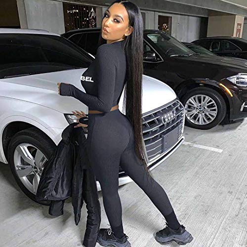 2 Piece Outfits for Women - Casual Two Pc Long Sleeve Crop Top + Skinny Jogger Pants Sweatpants Sets Sweatsuits Tracksuits Jumpsuits Clubwear Black Large - Thumbnail 6