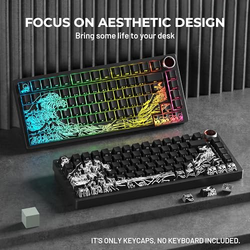 Image of HITIME x XVX Kanagawa Keycaps 60 75 100 Percent - Shine Through Keycaps w /IMD Tech, for Mechanical Keyboards, Full 118 Key Set, OEM Profile, Lines Backlit, Side Printed - Black