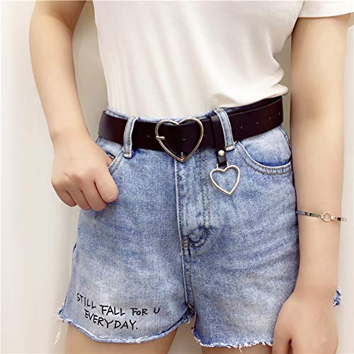 Utenew Heart Shape Belts Wide Black Leather Waist Belt Women Jeans Pants Dresses With Alloy Buckle, Silver #TOP7