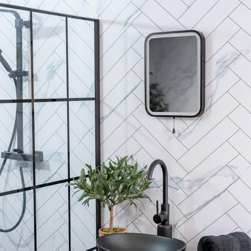 Lustro łazienkowe LED na baterie z przełącznikiem pociągowym - łatwa instalacja, nowoczesny matowy czarny design, idealne do wystroju domu i eleganckich łazienek