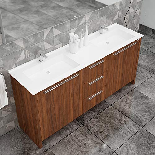 Casa Mare 71 Inch Wood Double Sink Bathroom Vanity & Led Mirror | Pre-Assembled | Acrylic Undermount Countertop | Soft Closing Doors & Drawers | Chrome Handles | Modern Freestanding Cabinet | Walnut #TOP2