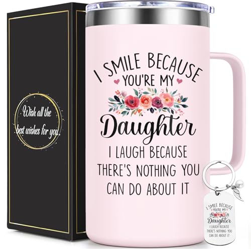 Lifecapido Daughter Gifts from Mom, I Smile Because You’re My Daughter 20oz Insulated Coffee Mug with Keychain, Christmas Birthday Gifts for Daughters, Rose Quartz