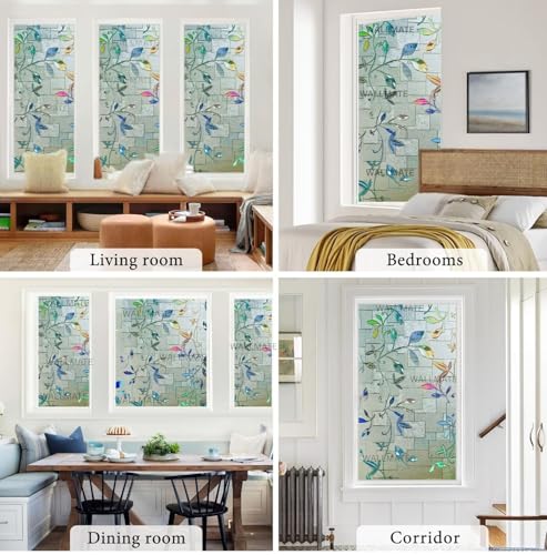 Image of WALLMATE Window Privacy Film Frosted Vinyl Glass Covering, UV Blocking, Non-Adhesive, No-Glue, for Bathroom Living Room Office,(12x66 Inch, Rainbow Leaf)
