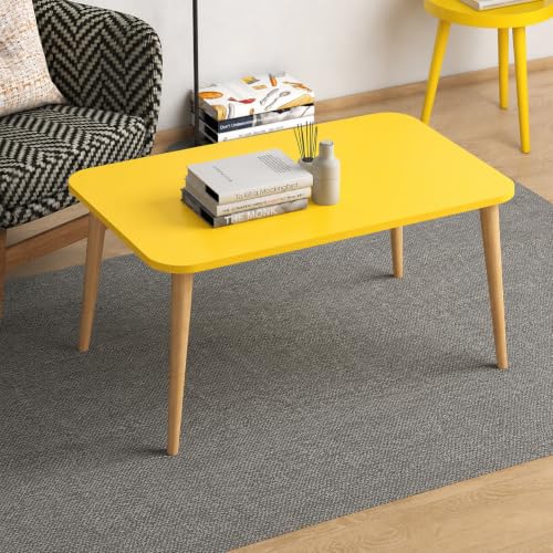Image of Wooden Foldable Coffee Table - Rectangular Center Tea Table for Living Room & Bedroom, Easy Assembly with Solid Wooden Legs (Yellow)