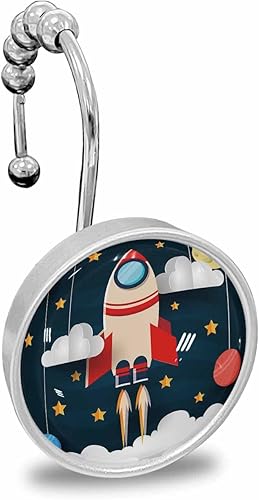 Ganchos para cortina de ducha, temática espacial, bonito patrón de cohete y planeta, anillos de cortina de ducha de acero inoxidable con bolas