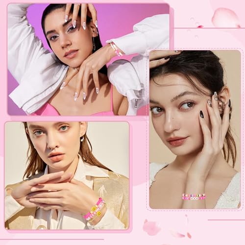 Image of Preppy Bracelets Set Colorful White Gold Smile Heart Star Polymer Beaded Pearl Clay Stackable Charm Y2K Kidcore Aesthetic Summer Beach Bohemian Stretch Layering Bracelets Jewelry for Girls Women Teens
