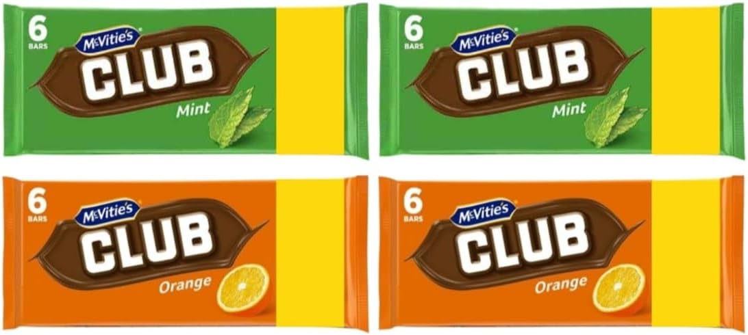 McVitie's Club Biscuits, 2x Mint 136g (6 Pack), 2x Orange 136g (6 Pack) - 24 Chocolate Biscuits