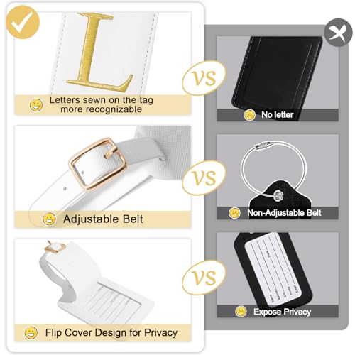 Image of Personalized Initial Luggage Tags for Suitcases, Cute PU Leather Embroidered Letter Travel Luggage Tags, Suitcase Identifier Name Baggage Tag, Bag Tags for Men Women Kids Luggage Handbags(White L)