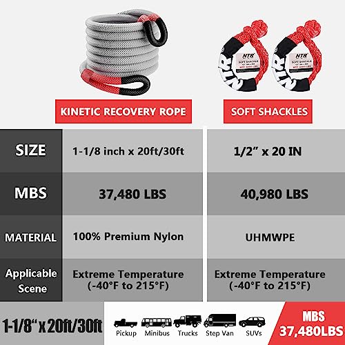 Image of NTR 1-1 /8 inch x 20' Kinetic Recovery Tow Rope (37,480lbs), with 2 UHMWPE Soft Shackles (40,980lbs), Heavy-Duty Offroad Snatch Strap, Vehicle Recovery kit for Jeep car Truck ATV UTV SUV