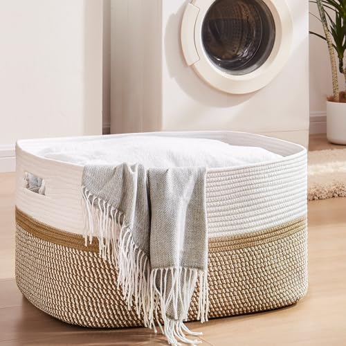 Image of OIAHOMY Large Blanket Basket, 22 inchx17 inchx12 inch Rectangle Woven Baskets, Nursery Blanket Storage Living Room, Toy Storage With Handle, Large Baskets for Organizing-Yellow /White