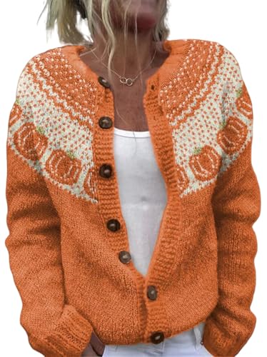 Beopjesk Women's Funny Fall Long Sleeve Halloween Autumn Leaves Button Knit Cardigan Sweater Vintage Knitted Outerwear (Halloween-Orange-1,M)