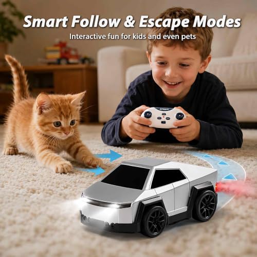 Image of PLUSPOINT 2.4GHz RC Drift Car with Spray Effect | Rechargeable Remote Control Racing Cybertruck Car with LED Lights, Smart Follow & Escape Modes | Mini Drift Vehicle Toy for Kids Age 3+