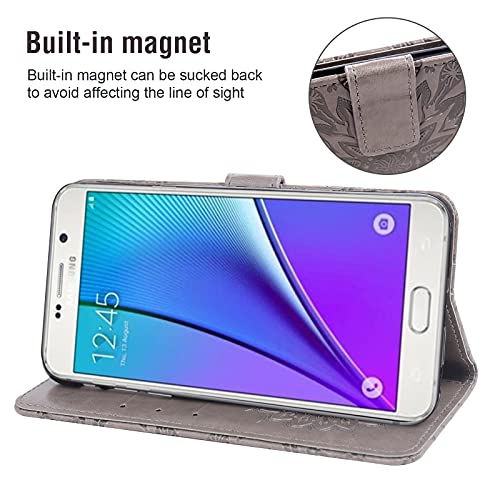 Phone Case For Samsung Galaxy Note 5 Wallet Cases With Tempered Glass Screen Protector And Leather Slim Flip Cover Card Holder Stand Cell Accessories Glaxay Note5 Gaxaly Notes 5S Five Women Men Gray #TOP2