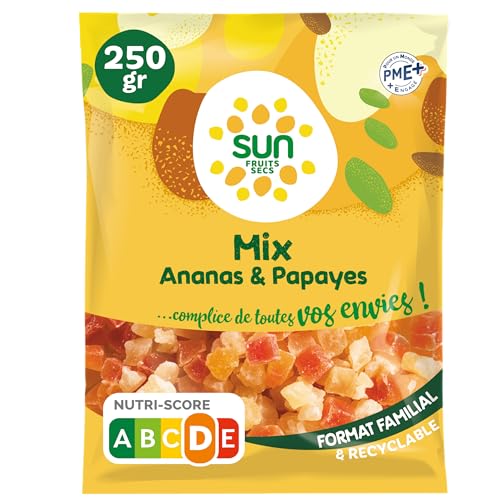 SUN - Mix Ananas Papaye 250 g - Mélange Cubes Ananas & Papaye - Mix Apéro Exotique - Idéal Pour Snacking, Apéritif - Fruits Déshydratés