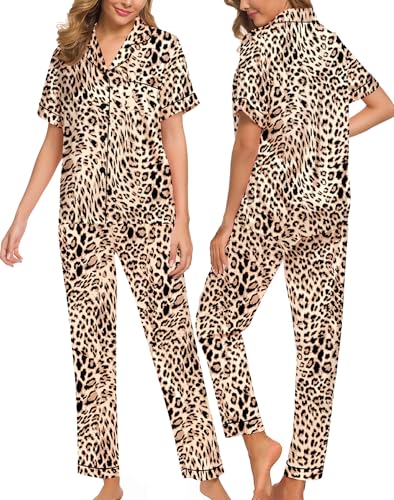 Image of SWOMOG Women Satin Pajamas Set Short Sleeve Top & Pants Sleepwear Silky Button Down Nightwear 2pcs Loungewear Pjs Set Brown Leopard Large