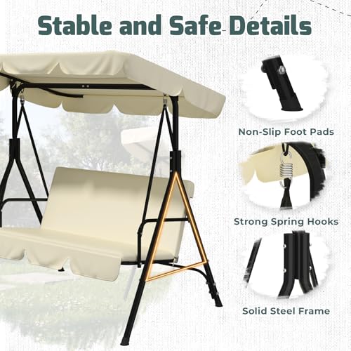 Image of AECOJOY Porch Swing with Stand, 3-Seat Outdoor Clearance Porch Swings for Adults, Outdoor Patio Swing with Adjustable Canopy & Removable Cushion for Backyard, Garden, Balcony, Beige