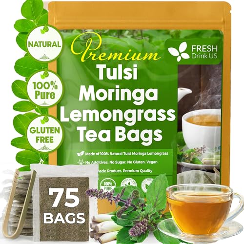 Image of FreshDrinkUS, Premium 75 Tea Bags Tulsi Moringa Lemongrass, 100% Natural & Pure from Tulsi Holy Basil Leaves, Moringa & Lemongrass. Made with Natural Material Tea Bags. No Sugar, No Caffeine, Vegan.
