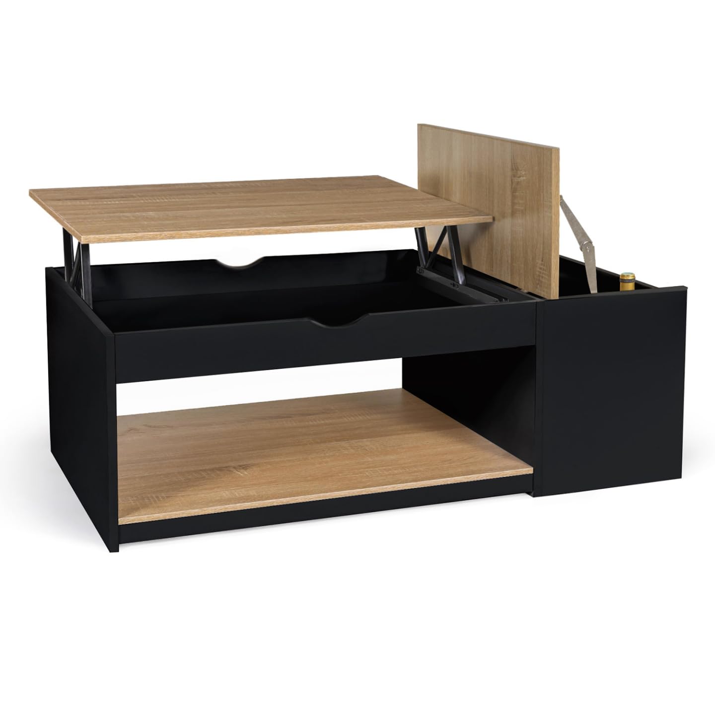 IDMarket - Table Basse Plateau relevable rectangulaire ELEA avec Coffre Bois Noir et façon hêtre