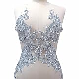 Glued Powder Beads Glitter African Nigerian Design Couture Lace Clothes Patches Appliques for Wedding Decoration 11x18 Inch (Silver)